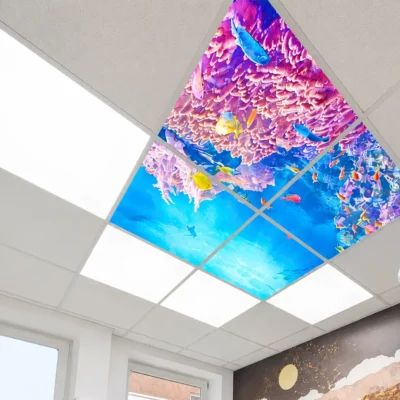 Tandheelkundige behandelruimte in de praktijk van Dr. Nicola Deppe, verlicht met Dentled DL62 full-spectrum daglicht LED-panelen en op maat gemaakte plafond-fotopanelen met onderwaterbeelden.